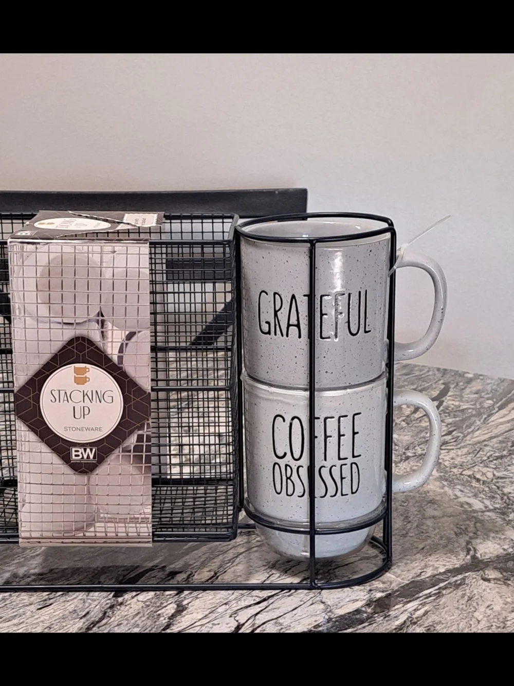 Stacking Ceramic Coffee Mug Set with Metal Carrier